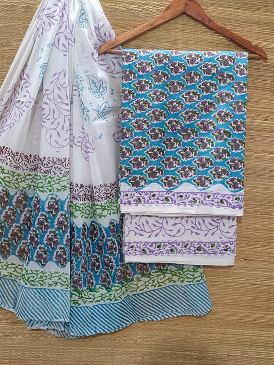 Pure Cotton Hand Block Unstitched Salwar Suit Set With Cotton/Mulmul Dupatta - JBOCM89