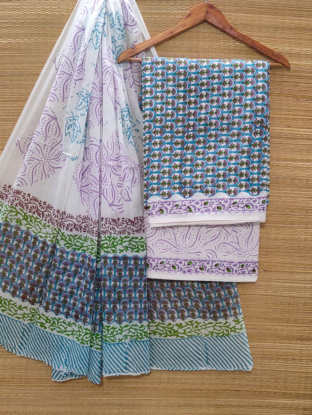 Pure Cotton Hand Block Unstitched Salwar Suit Set With Cotton/Mulmul Dupatta - JBOCM90