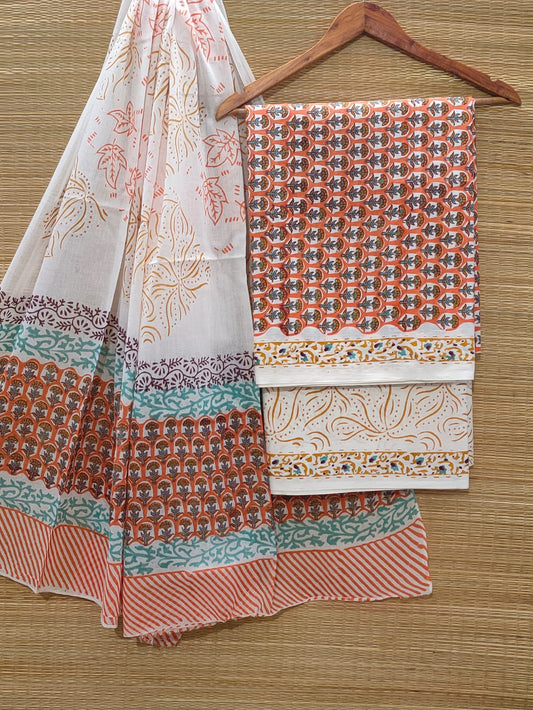 Pure Cotton Hand Block Unstitched Salwar Suit Set With Cotton/Mulmul Dupatta - JBOCM91