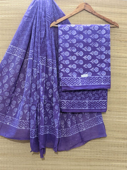 Pure Cotton Hand Block Unstitched Salwar Suit Set With Cotton/Mulmul Dupatta - JBOCM75