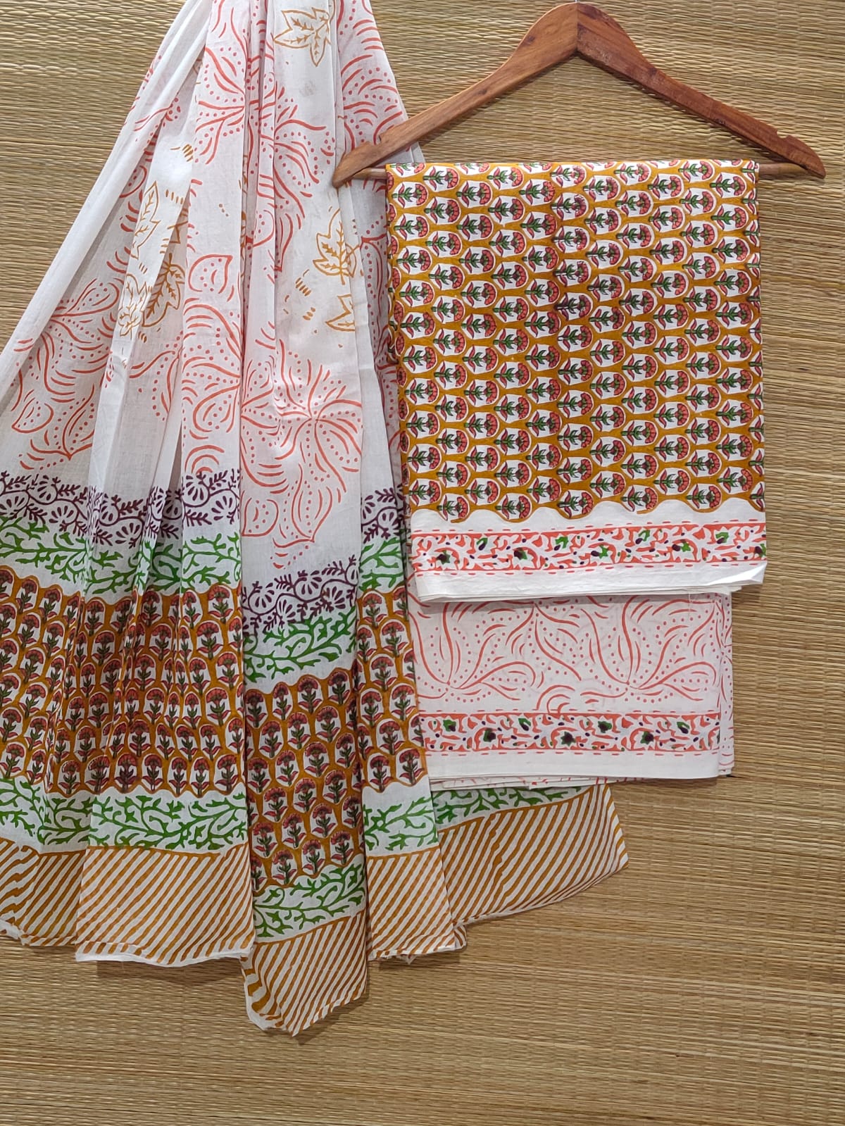 Pure Cotton Hand Block Unstitched Salwar Suit Set With Cotton/Mulmul Dupatta - JBOCM94