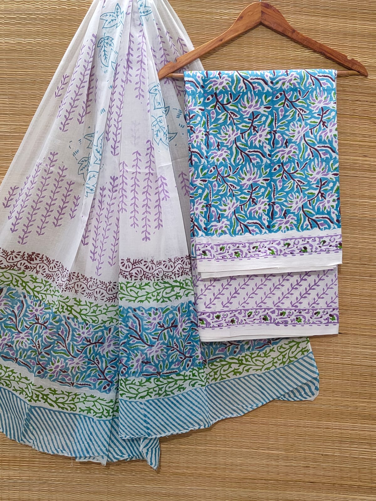 Pure Cotton Hand Block Unstitched Salwar Suit Set With Cotton/Mulmul Dupatta - JBOCM95