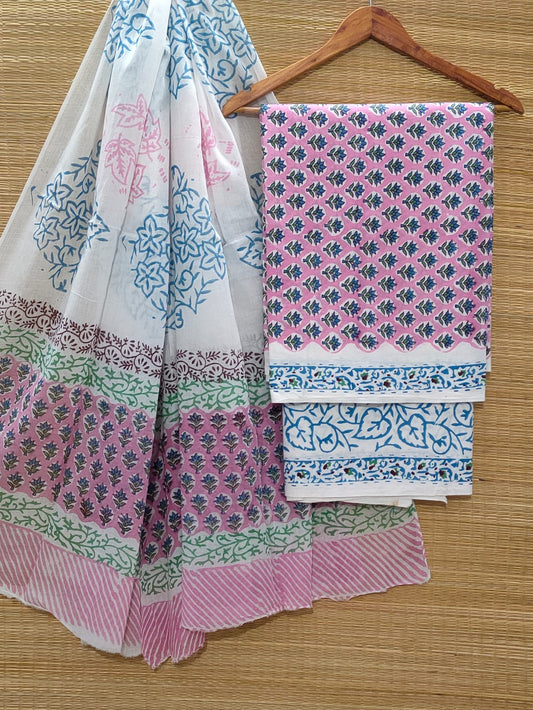 Pure Cotton Hand Block Unstitched Salwar Suit Set With Cotton/Mulmul Dupatta - JBOCM96