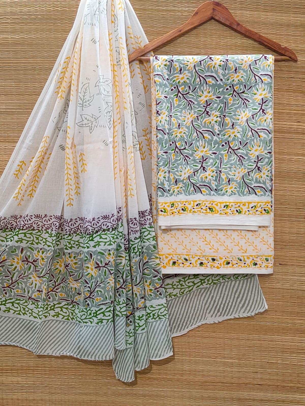Pure Cotton Hand Block Unstitched Salwar Suit Set With Cotton/Mulmul Dupatta - JBOCM99