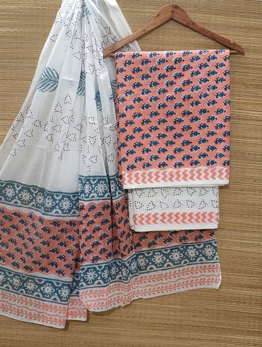 Pure Cotton Hand Block Unstitched Salwar Suit Set With Cotton/Mulmul Dupatta - JBOCM100