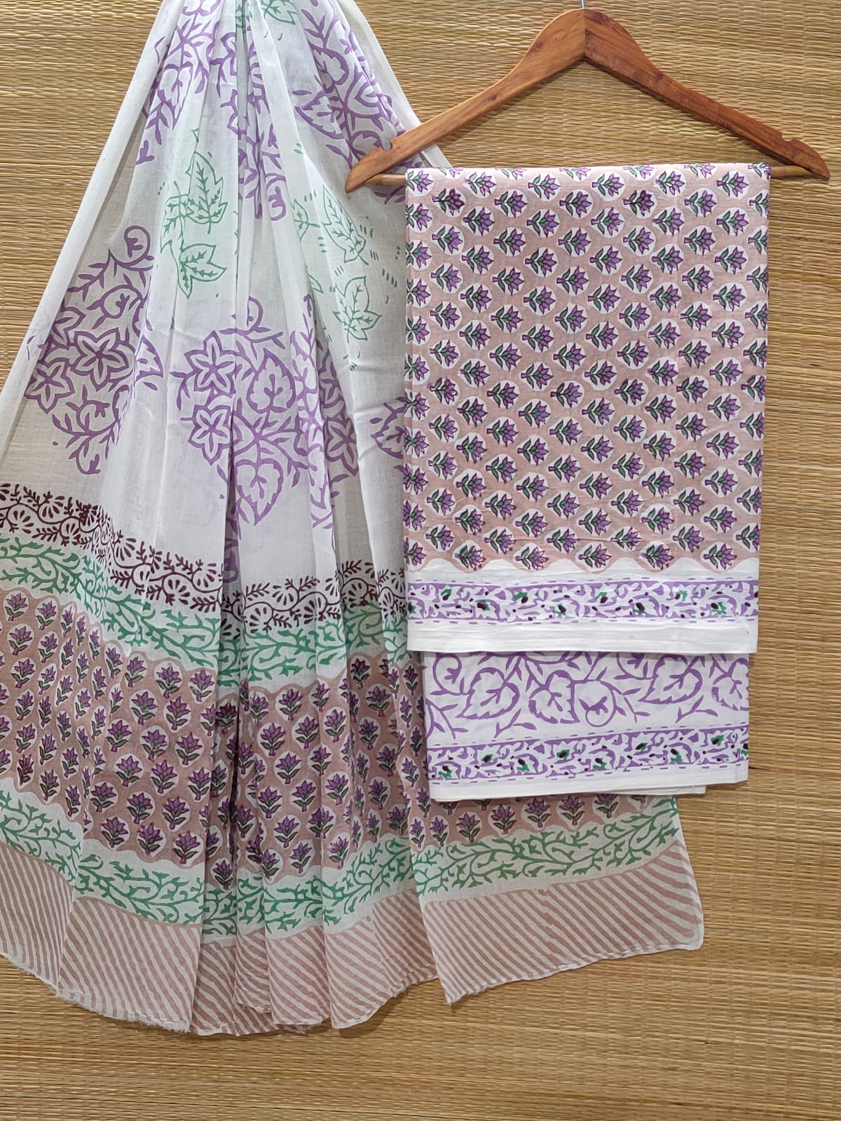 Pure Cotton Hand Block Unstitched Salwar Suit Set With Cotton/Mulmul Dupatta - JBOCM101