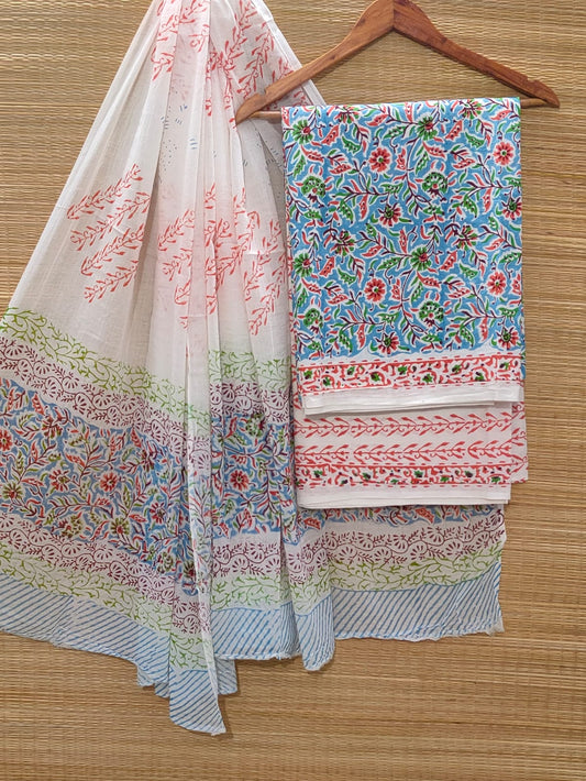Pure Cotton Hand Block Unstitched Salwar Suit Set With Cotton/Mulmul Dupatta - JBOCM102