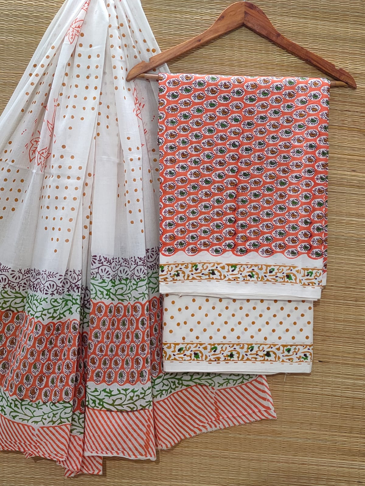 Pure Cotton Hand Block Unstitched Salwar Suit Set With Cotton/Mulmul Dupatta - JBOCM76