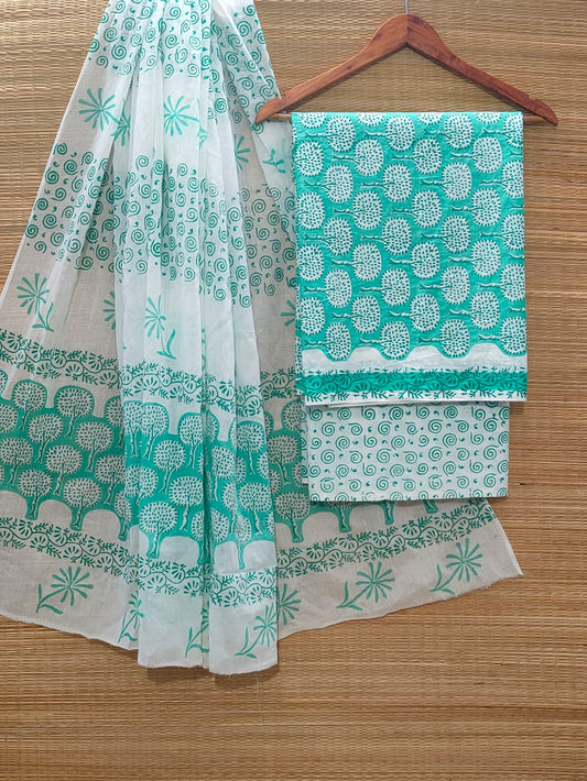 Pure Cotton Hand Block Unstitched Salwar Suit Set With Cotton/Mulmul Dupatta - JBOCM104