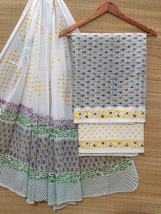 Pure Cotton Hand Block Unstitched Salwar Suit Set With Cotton/Mulmul Dupatta - JBOCM77