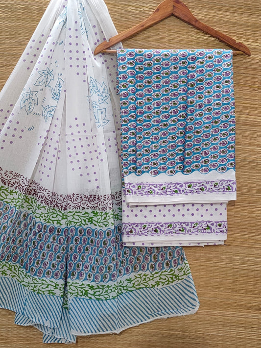 Pure Cotton Hand Block Unstitched Salwar Suit Set With Cotton/Mulmul Dupatta - JBOCM78