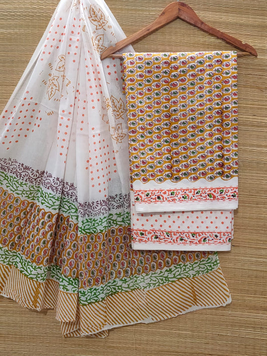 Pure Cotton Hand Block Unstitched Salwar Suit Set With Cotton/Mulmul Dupatta - JBOCM79