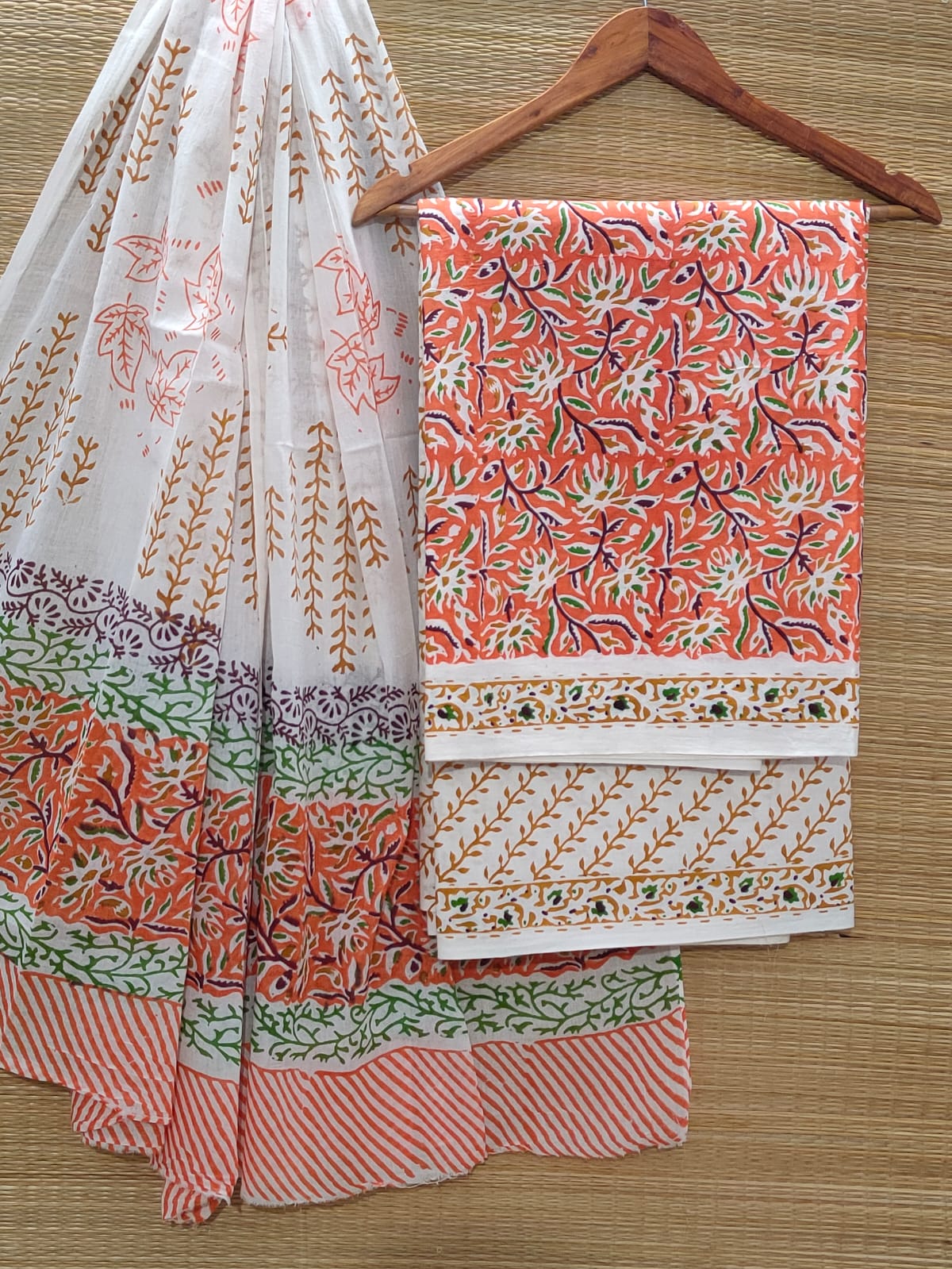 Pure Cotton Hand Block Unstitched Salwar Suit Set With Cotton/Mulmul Dupatta - JBOCM80