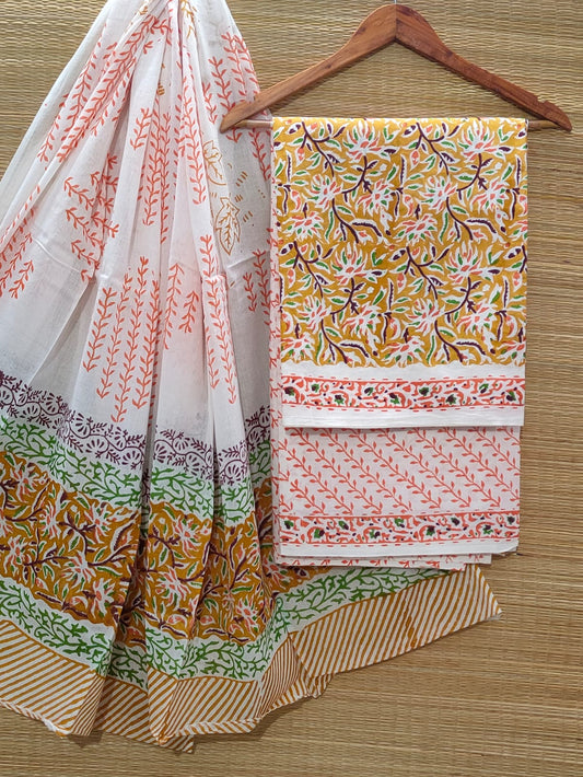 Pure Cotton Hand Block Unstitched Salwar Suit Set With Cotton/Mulmul Dupatta - JBOCM81