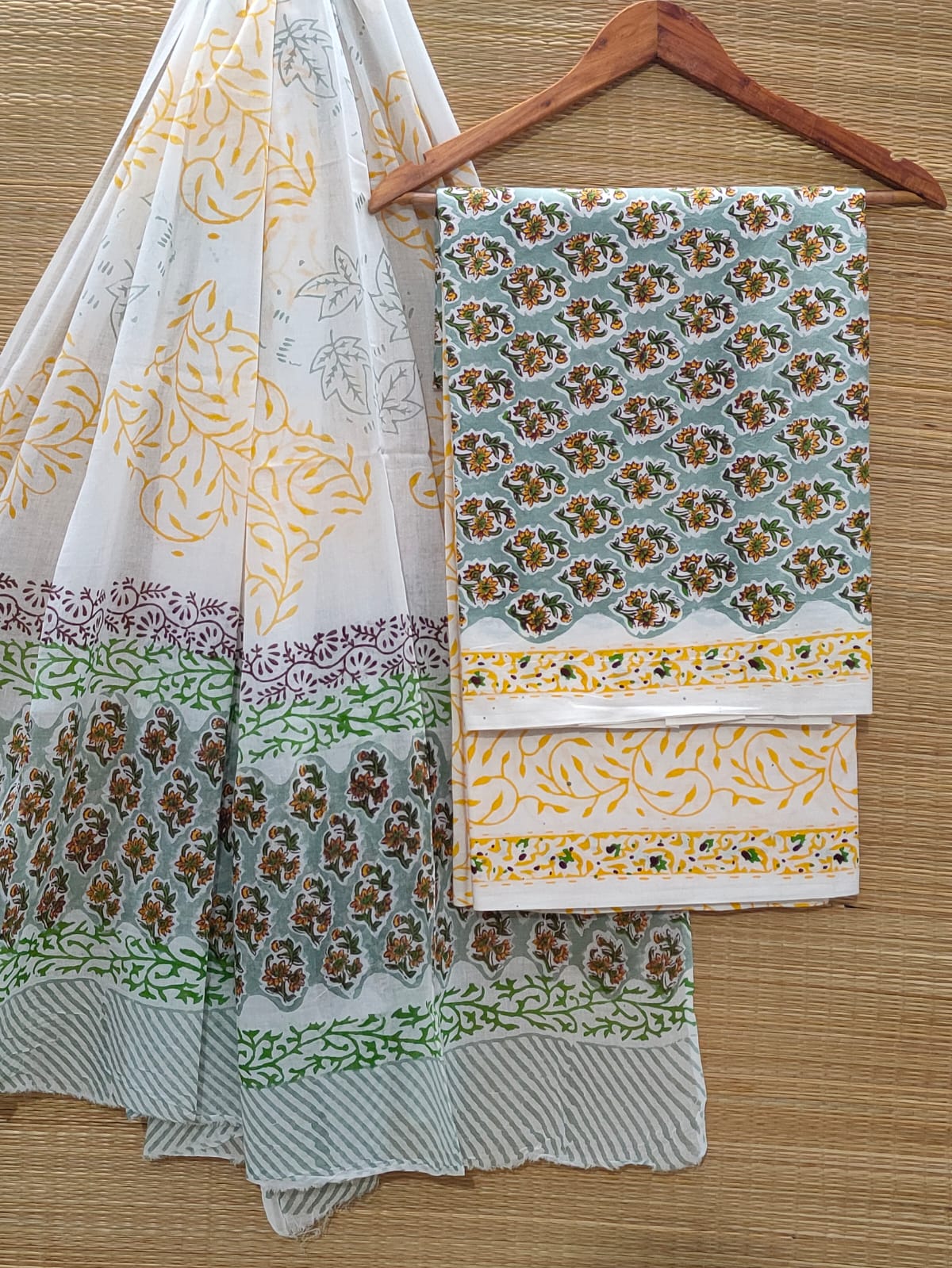Pure Cotton Hand Block Unstitched Salwar Suit Set With Cotton/Mulmul Dupatta - JBOCM82