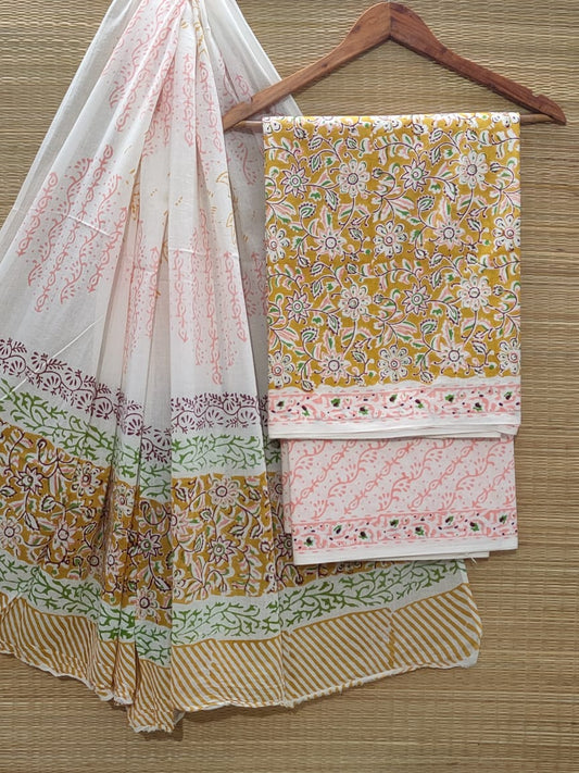 Pure Cotton Hand Block Unstitched Salwar Suit Set With Cotton/Mulmul Dupatta - JBOCM1