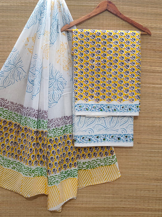 Pure Cotton Hand Block Unstitched Salwar Suit Set With Cotton/Mulmul Dupatta - JBOCM11