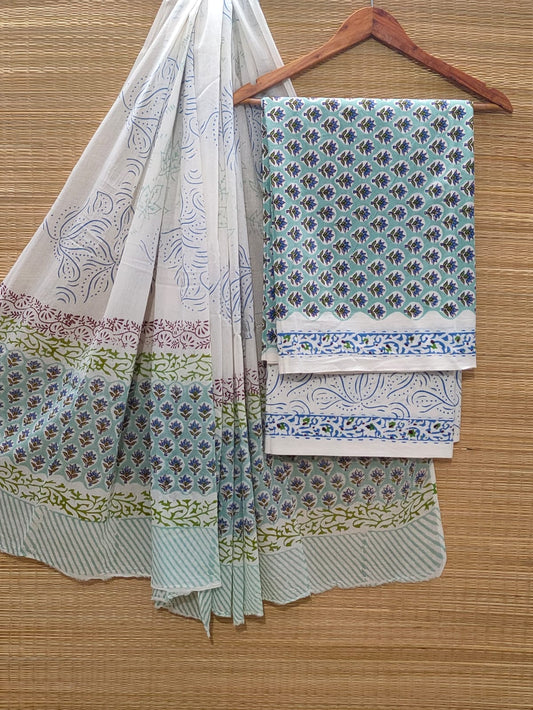 Pure Cotton Hand Block Unstitched Salwar Suit Set With Cotton/Mulmul Dupatta - JBOCM13