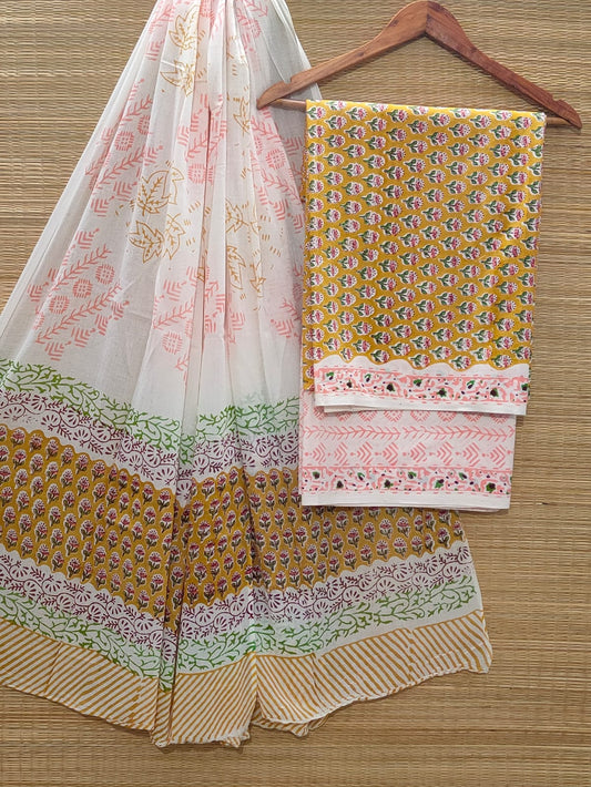 Pure Cotton Hand Block Unstitched Salwar Suit Set With Cotton/Mulmul Dupatta - JBOCM14