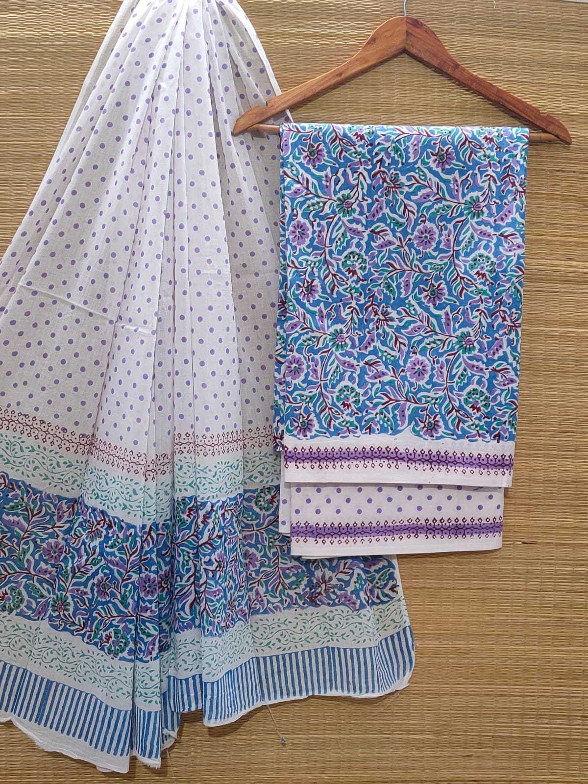 Pure Cotton Hand Block Unstitched Salwar Suit Set With Cotton/Mulmul Dupatta - JBOCM15