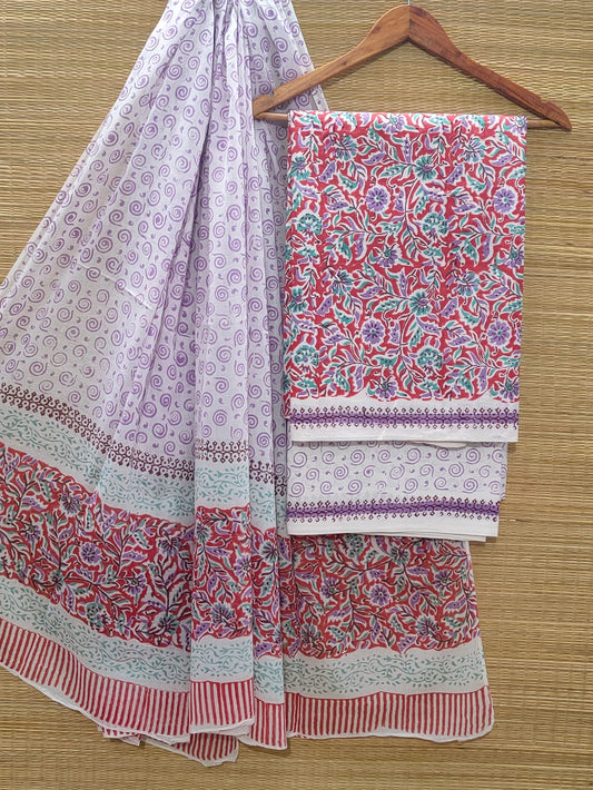 Pure Cotton Hand Block Unstitched Salwar Suit Set With Cotton/Mulmul Dupatta - JBOCM16