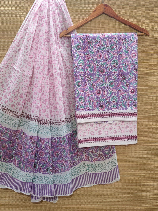 Pure Cotton Hand Block Unstitched Salwar Suit Set With Cotton/Mulmul Dupatta - JBOCM18