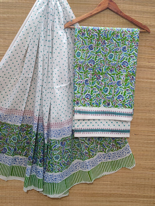 Pure Cotton Hand Block Unstitched Salwar Suit Set With Cotton/Mulmul Dupatta - JBOCM19