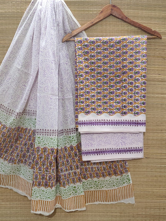 Pure Cotton Hand Block Unstitched Salwar Suit Set With Cotton/Mulmul Dupatta - JBOCM2