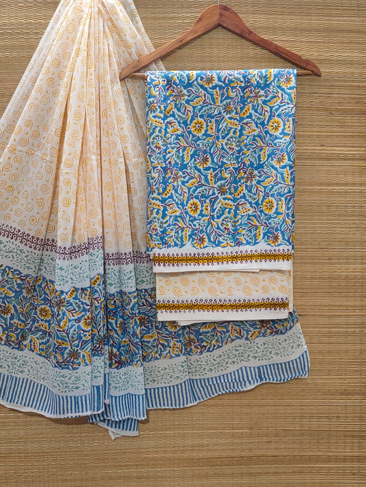 Pure Cotton Hand Block Unstitched Salwar Suit Set With Cotton/Mulmul Dupatta - JBOCM20