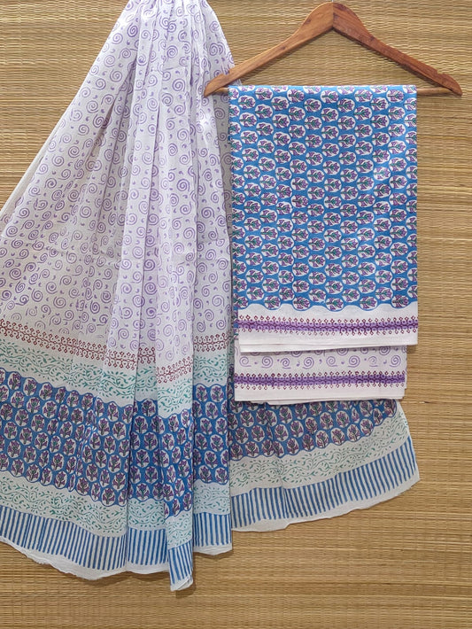 Pure Cotton Hand Block Unstitched Salwar Suit Set With Cotton/Mulmul Dupatta - JBOCM21