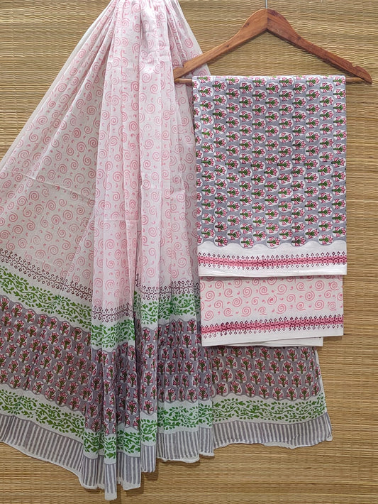 Pure Cotton Hand Block Unstitched Salwar Suit Set With Cotton/Mulmul Dupatta - JBOCM23