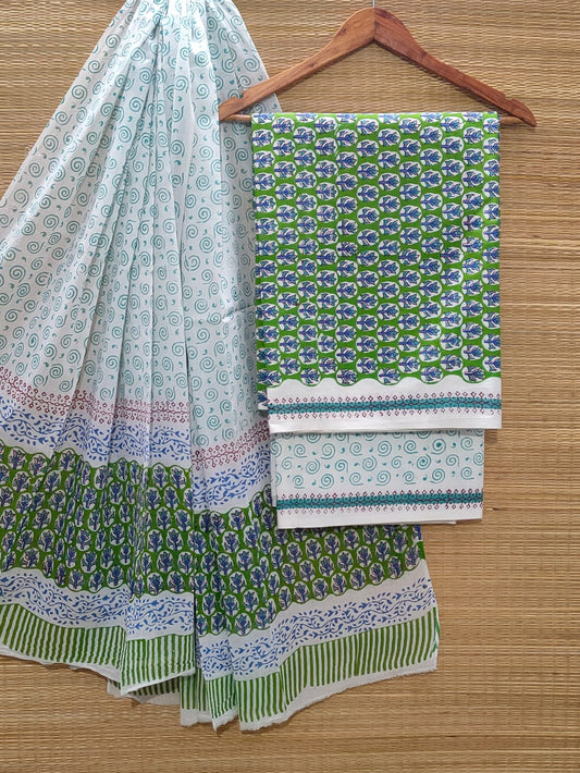 Pure Cotton Hand Block Unstitched Salwar Suit Set With Cotton/Mulmul Dupatta - JBOCM24