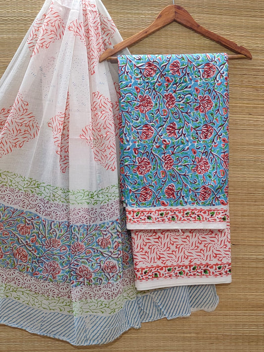 Pure Cotton Hand Block Unstitched Salwar Suit Set With Cotton/Mulmul Dupatta - JBOCM26