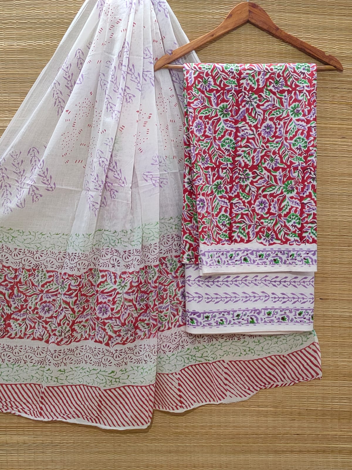Pure Cotton Hand Block Unstitched Salwar Suit Set With Cotton/Mulmul Dupatta - JBOCM29