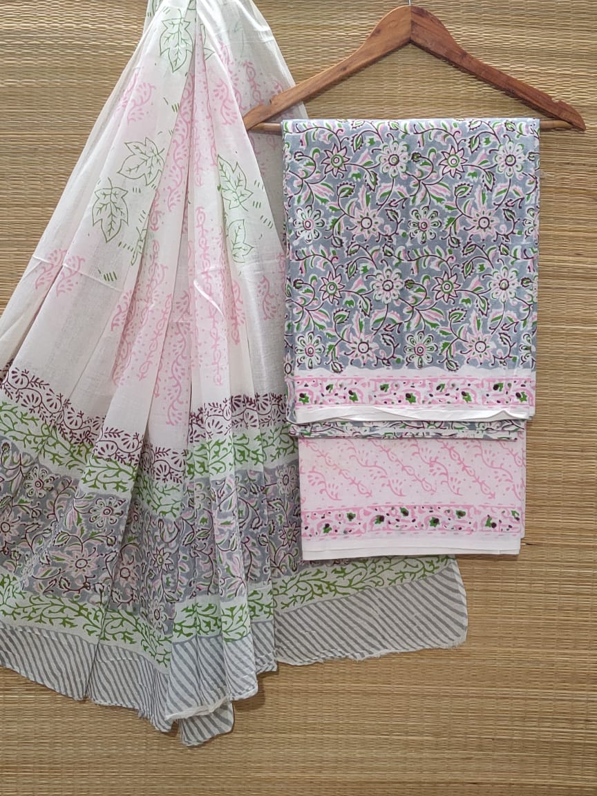 Pure Cotton Hand Block Unstitched Salwar Suit Set With Cotton/Mulmul Dupatta - JBOCM3
