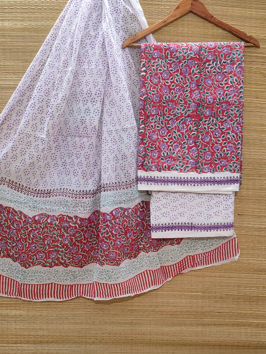 Pure Cotton Hand Block Unstitched Salwar Suit Set With Cotton/Mulmul Dupatta - JBOCM30