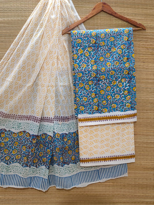 Pure Cotton Hand Block Unstitched Salwar Suit Set With Cotton/Mulmul Dupatta - JBOCM32