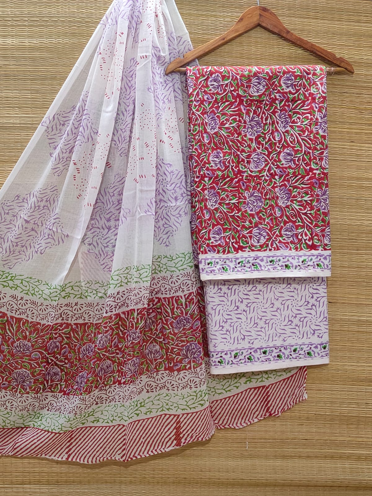 Pure Cotton Hand Block Unstitched Salwar Suit Set With Cotton/Mulmul Dupatta - JBOCM36
