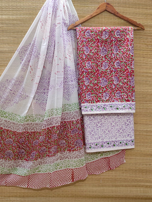 Pure Cotton Hand Block Unstitched Salwar Suit Set With Cotton/Mulmul Dupatta - JBOCM36