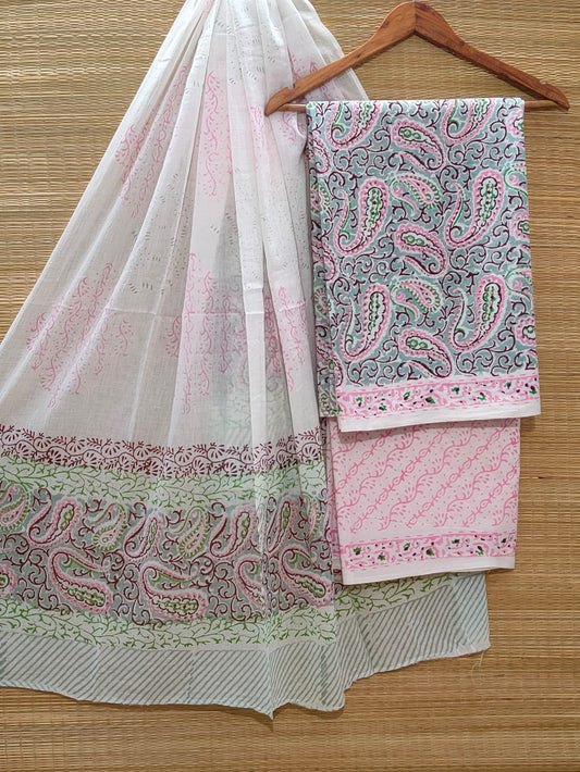 Pure Cotton Hand Block Unstitched Salwar Suit Set With Cotton/Mulmul Dupatta - JBOCM37