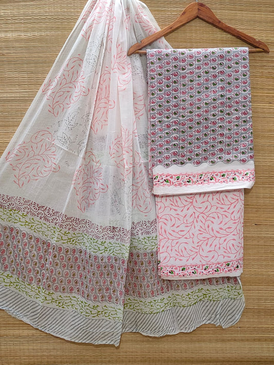 Pure Cotton Hand Block Unstitched Salwar Suit Set With Cotton/Mulmul Dupatta - JBOCM39