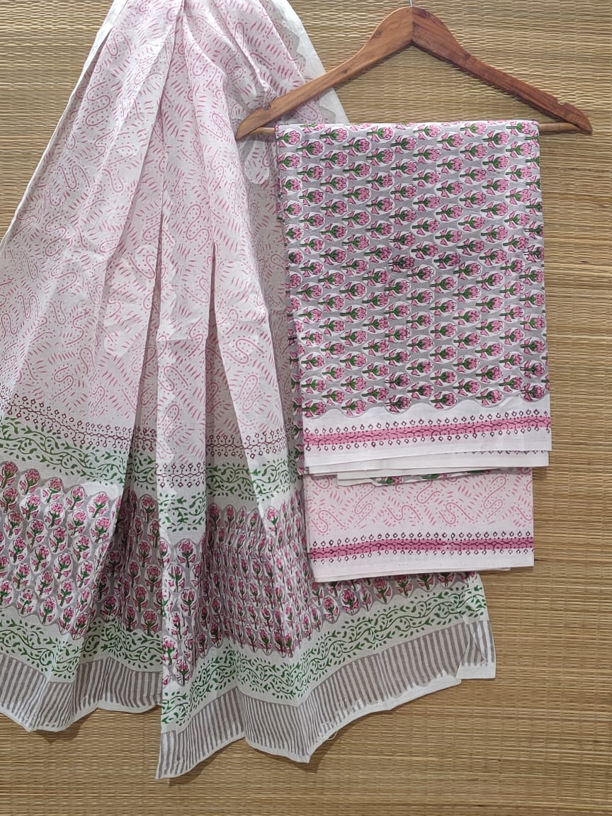 Pure Cotton Hand Block Unstitched Salwar Suit Set With Cotton/Mulmul Dupatta - JBOCM4