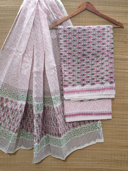 Pure Cotton Hand Block Unstitched Salwar Suit Set With Cotton/Mulmul Dupatta - JBOCM4