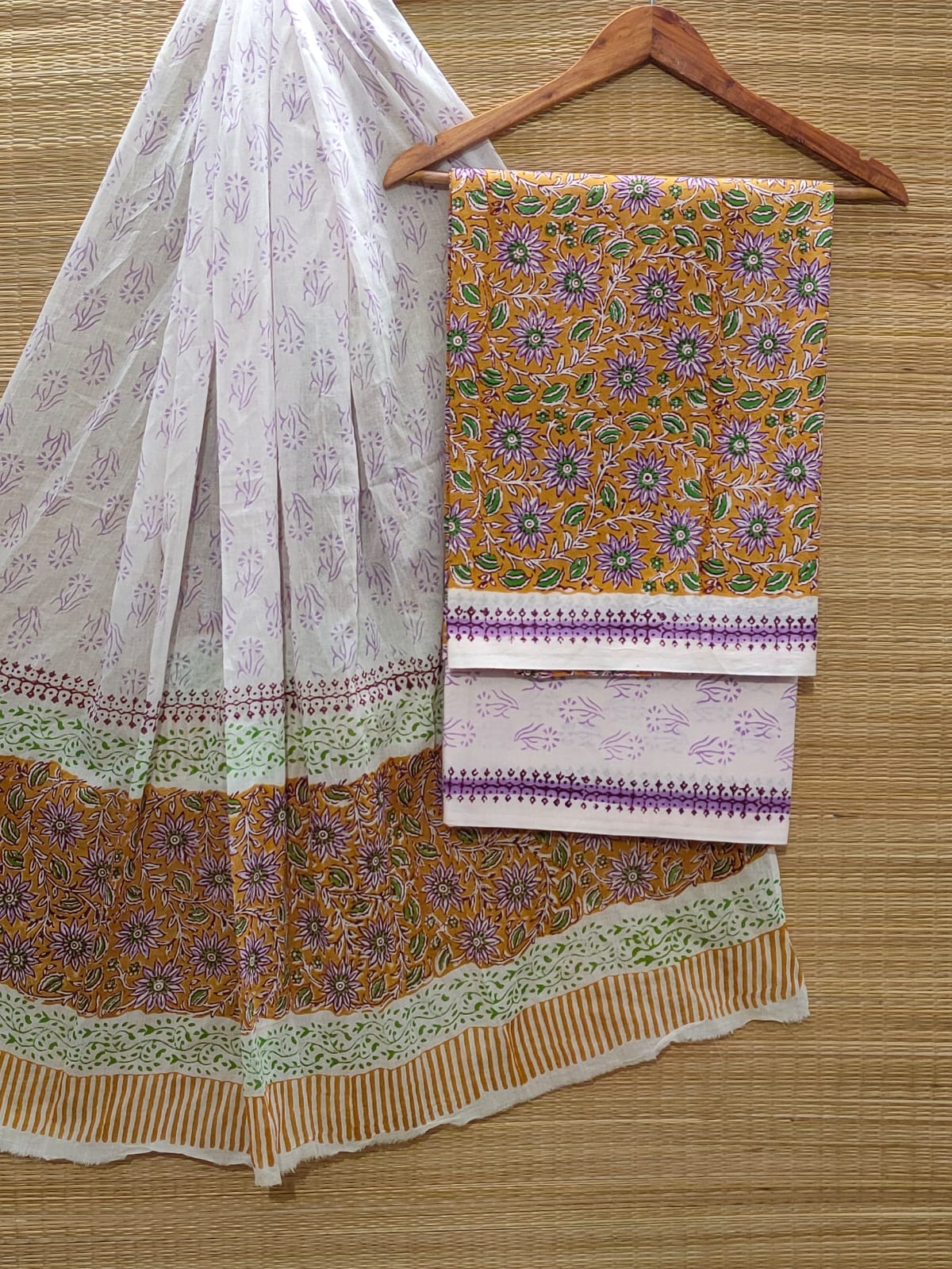 Pure Cotton Hand Block Unstitched Salwar Suit Set With Cotton/Mulmul Dupatta - JBOCM42