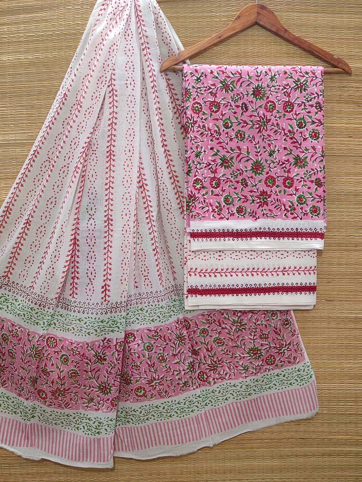 Pure Cotton Hand Block Unstitched Salwar Suit Set With Cotton/Mulmul Dupatta - JBOCM43