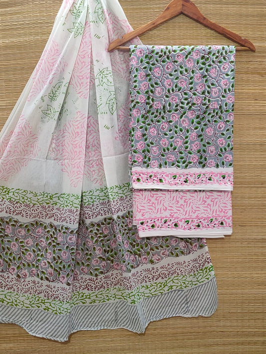 Pure Cotton Hand Block Unstitched Salwar Suit Set With Cotton/Mulmul Dupatta - JBOCM44