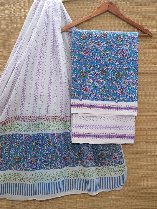 Pure Cotton Hand Block Unstitched Salwar Suit Set With Cotton/Mulmul Dupatta - JBOCM45
