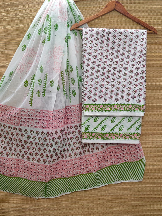Pure Cotton Hand Block Unstitched Salwar Suit Set With Cotton/Mulmul Dupatta - JBOCM47