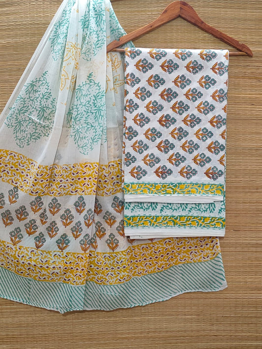 Pure Cotton Hand Block Unstitched Salwar Suit Set With Cotton/Mulmul Dupatta - JBOCM48