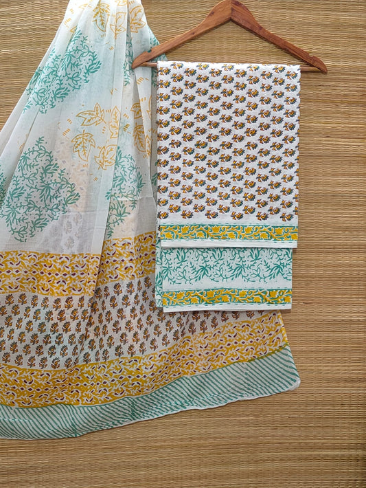 Pure Cotton Hand Block Unstitched Salwar Suit Set With Cotton/Mulmul Dupatta - JBOCM49